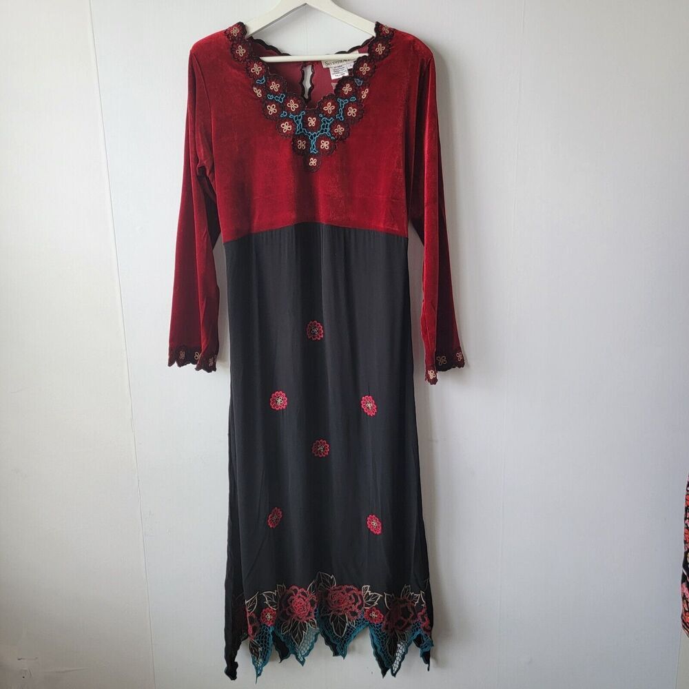 seventh avenue Red‎ Velvet Floral Embroidered Boho v-neck Dress size L